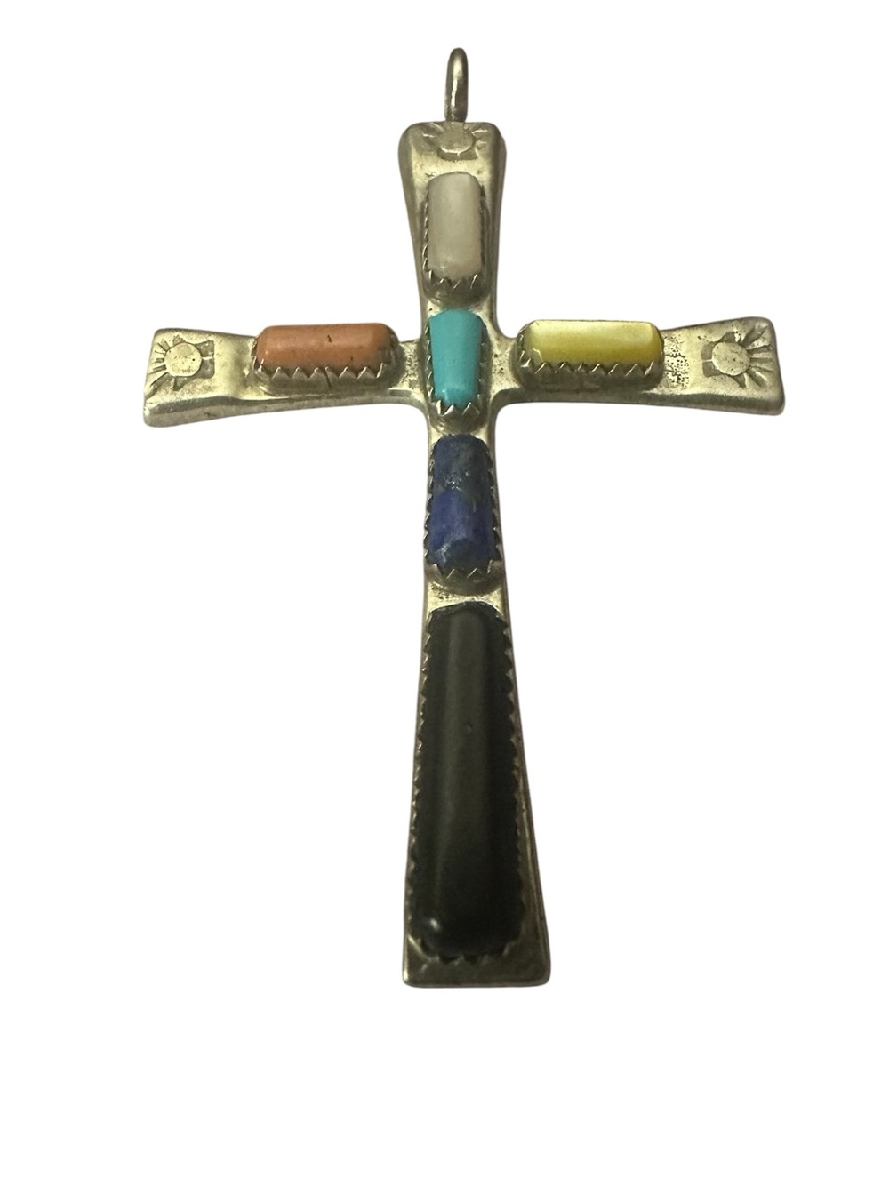 Rare Vintage W. IULE Zuni Sterling Silver Channel Inlay Cross Pendant. 2.75”